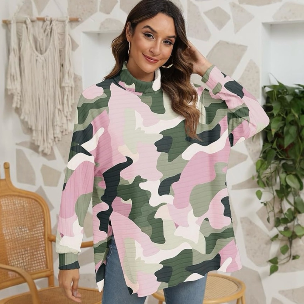 NWOT Pink Camouflage Mock Turtleneck Long Sleeve Tunic